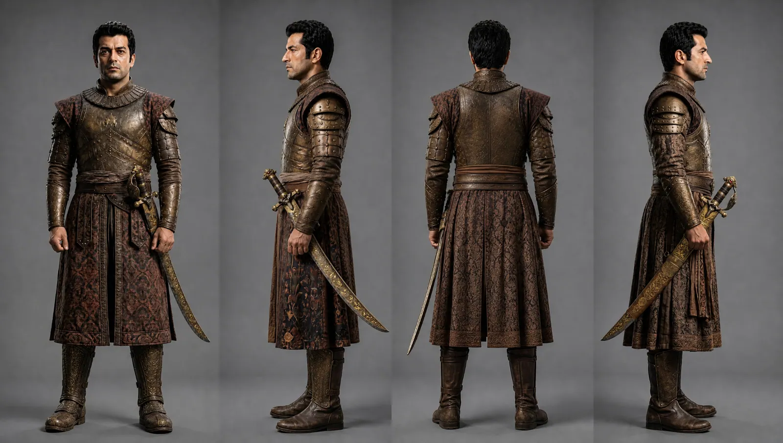 One Cast member rendered from four angles with identical identity, a VisionX character sheet